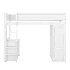 Postelja z mezzanine 90x200 cm multifunkcionalna z omaro in pisalno mizo, iz masivnega bora, Bela (brez vzmetnice)