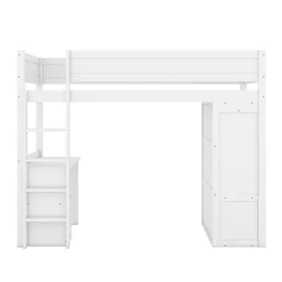 Postelja z mezzanine 90x200 cm multifunkcionalna z omaro in pisalno mizo, iz masivnega bora, Bela (brez vzmetnice)