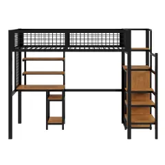 Postelja z mezzanine 90x200 cm s pisalno mizo, policami, stopnicami in omaro - Kovinska konstrukcija - Črna