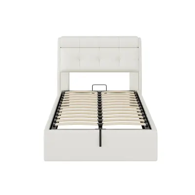 Postelja s predalom 90x200 cm - Iz umetnega usnja - Vzglavnik z shranjevanjem - Bela