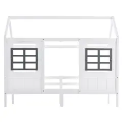 Postelja v obliki hiše iz masivnega lesa - 90x200 cm - Z lesenimi letvicami - Bela