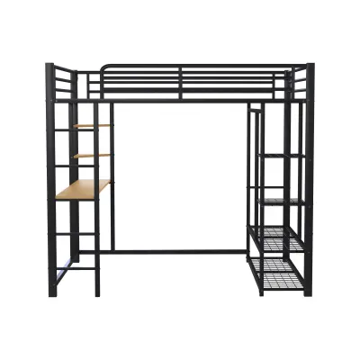 Postelja z mezzanine 140x200 cm iz kovine - S mizo in policami - Črna