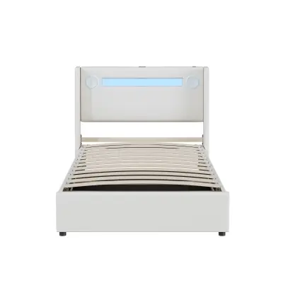 Postelja s predalom oblazinjena 90x200 cm z LED, Bluetooth predvajalnikom in USB polnilnimi vtičnicami - Bela
