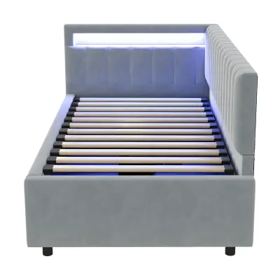 Postelja s predalom 90x200 cm z LED - Tkanina iz žameta - Siva