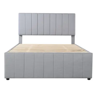 Oblazinjena postelja iz lana 140x200 cm - Z vlečno posteljo na kolesih in 3 predali - Siva