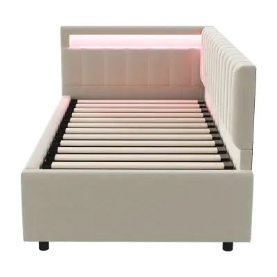 Postelja s predalom 90x200 cm z LED - Tkanina iz žameta - Bež