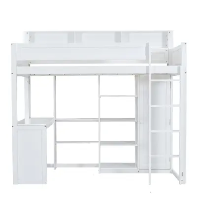 Postelja z mezzanine iz borovega lesa in MDF - 90x200 cm - S policami zgoraj, pisalno mizo in omaro - Bela