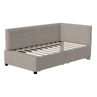 Postelja s klopjo kapitonska 90x200 cm v žametu - 2 predala - Z lesenimi letvicami - Siva