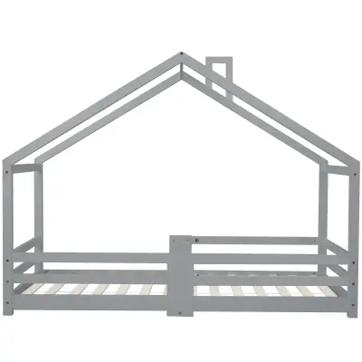 Postelja v obliki hiše z zaščitno mrežo - 90x200 cm - Iz masivnega lesa - Siva