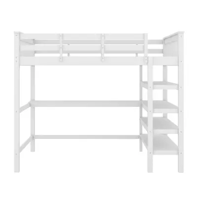 Postelja Mezzanine 140x200 cm z mizo in policami za shranjevanje - borovo les + MDF - bela