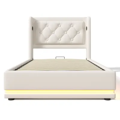 Postelja s predalom kapitonska 90x200 cm iz umetnega usnja, z USB polnjenjem in LED svetlobo na nogah - Bela