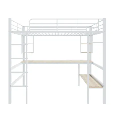 Postelja Mezzanine iz železa - 90x200 cm - z mizo in 5 policami - bela