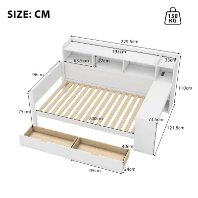 Postelja klop 90x200 cm - miza z USB vtičnico - 2 predala in police - bela (brez vzmetnice)