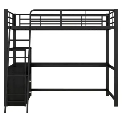 Postelja z mezzanine 90x200 cm - Pisalna miza v kotu z predali - Iz MDF in kovine - Črna