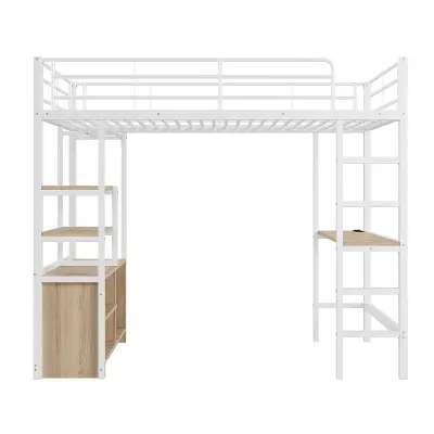 Postelja z mezzanine 90x200 cm iz kovine - S pisalno mizo + USB priključki + zaščitne ograje - Bela
