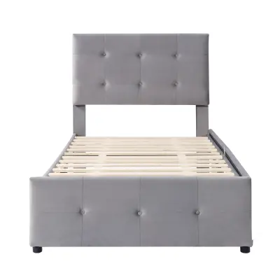 Vzglavnik oblazinjen iz žameta 90x200 cm - Enostavna postelja z 2 predali in lesenimi letvicami - Siva