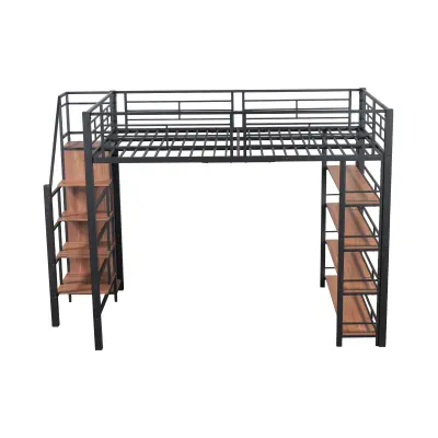 Postelja z mezzanine 140x200 cm - Z majhno omaro in policami za shranjevanje - Črna