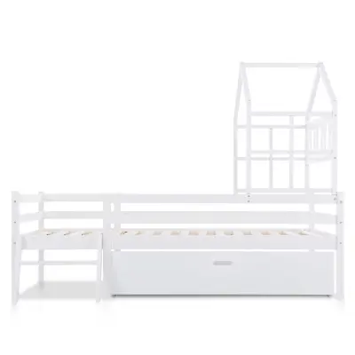 Postelja v obliki hiške 90x200 cm iz masivnega lesa - z lestvijo + predali + zaščito pred padcem - bela