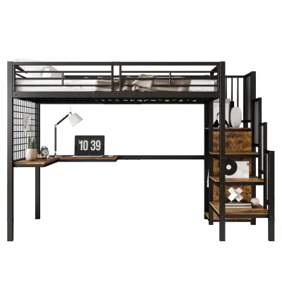 Postelja Mezzanine 90x200 cm z kotno mizo in omaro, jeklo in lesene plošče, črna in naravna