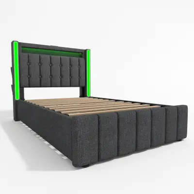Postelja s 2 predaloma 90x200 cm, oblazinjena z lanom - Z možnostjo polnjenja in LED osvetlitvijo - Siva