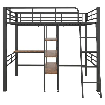 Postelja Mezzanine 90x200 cm z mizo in policami za shranjevanje - kovina in les - črna (brez vzmetnice)