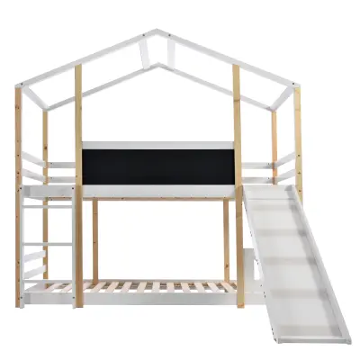 Postelja na dveh nadstropjih v obliki hiške 90x200 cm - z lestvijo in toboganom - okvir iz bora - bela