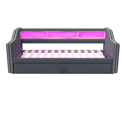 Vlečna postelja 90/180x190 cm v lanu - Z LED in USB - Z lesenimi letvicami - Siva