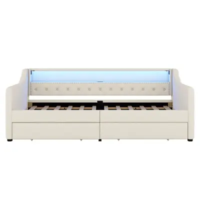 Postelja s klopjo iz lana 90x200 cm z LED - 2 predala in USB vtičnice - Z lesenimi letvicami - Bež