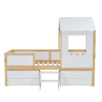 Postelja v obliki hiške 90x200 cm z varnostno ograjo, 4 predali, stopnicami, iz borovega lesa in MDF - bela