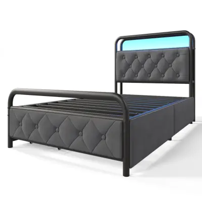 Postelja 90x200 cm s predali + LED + USB priključki - Oblazinjena v žametu - Siva