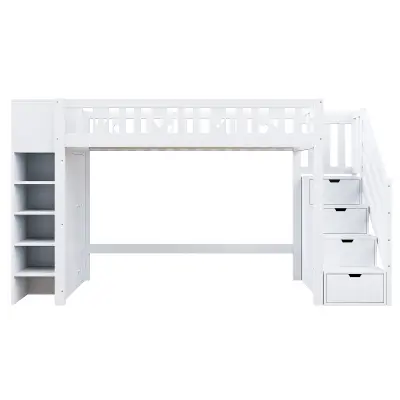 Postelja Mezzanine 90x200 cm iz lesa - z več shranjevalnimi prostori in stopnicami za shranjevanje - bela