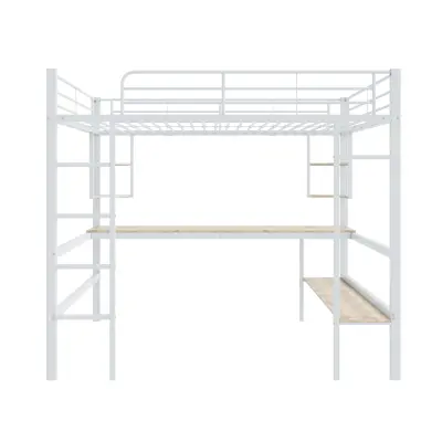 Postelja Mezzanine 140x200 cm z mizo in policami - kovina - letveno dno - bela (brez vzmetnice)