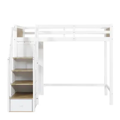 Postelja Mezzanine iz lesa - 90x200 cm - z mizo, policami in stopnicami za shranjevanje - bela