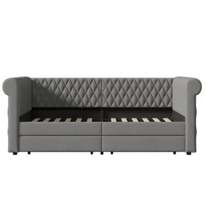 Postelja s klopjo z 2 predaloma iz tkanine lan - 90x200 cm - Z lesenimi letvicami - Siva