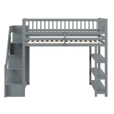 Postelja z mezzanine 90x200 cm iz lesa - S policami in omaro - Z visokimi palicami - Siva