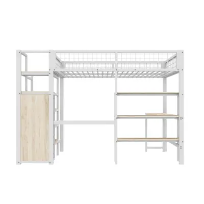 Postelja z mezzanine 140x200 cm - Kovinski okvir - S pisalno mizo in policami - Bela