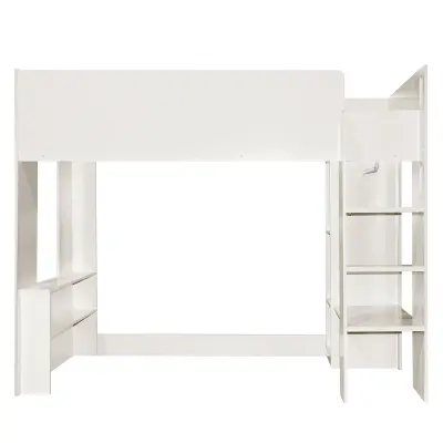 Postelja z mezzanine za otroke 90x200 cm - Z omaro, odprtimi policami in stopnicami - Bela