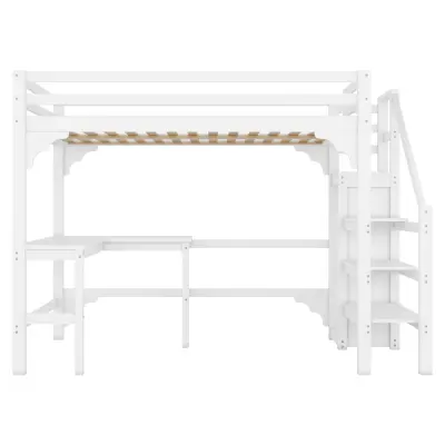 Postelja Mezzanine 140x200 cm iz lesa - z mizo, omaro in letvenim dnom - bela
