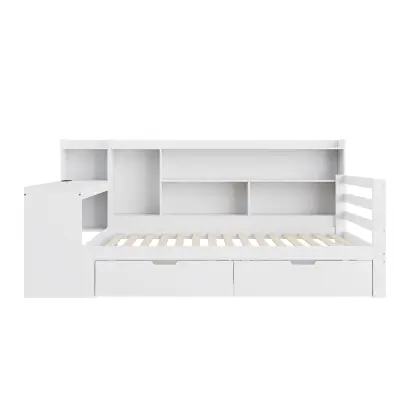 Otroška postelja iz masivnega lesa 90x200 cm - z mizo - z vtičnico, z 2 velikima predaloma, bela