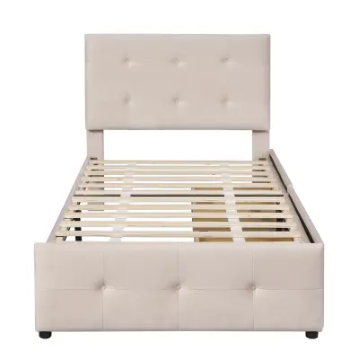 Postelja oblazinjena z žametom 90x200 cm - enojna postelja z 2 predaloma in letvenim dnom - krem