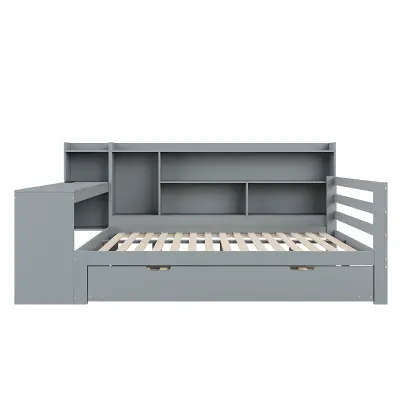 Kavč preklopna postelja iz masivnega lesa 140x200 cm – Z delovno mizo + knjižnico – Z vlečno posteljo – Bela
