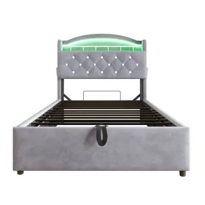 Postelja s predalom za otroka 90x200 cm - Žamet - Z LED - Z USB - Siva