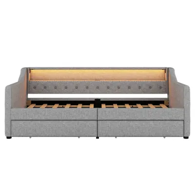 Postelja s klopjo v lanu 90x200 cm z LED - 2 predala in USB priključki - Z lesenimi letvicami - Siva