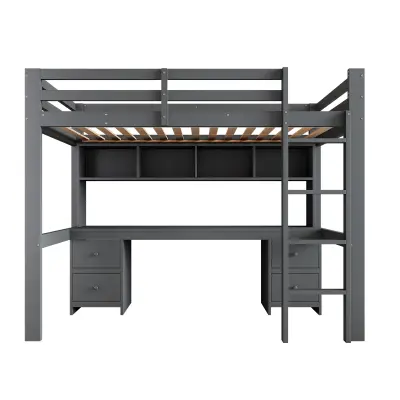 Postelja z mezzanine 90x200 cm - S pisalno mizo in 2 komodama - Iz masivnega bora in MDF - Siva