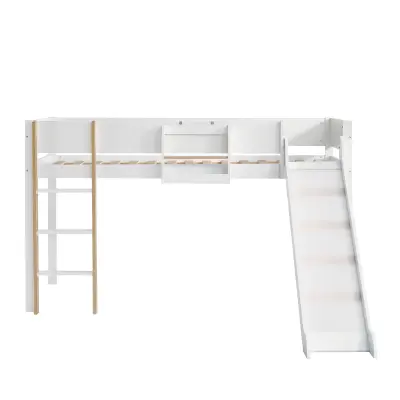 Postelja Mezzanine 90x200 cm iz bora in MDF - z odstranljivo polico, stopnicami in toboganom - bela
