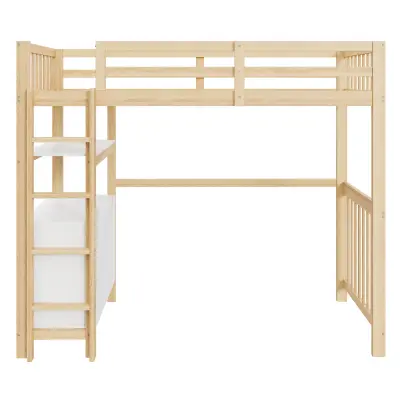 Postelja z mezzanine 90x200 cm iz masivnega lesa - Z 6 predali in zaščito proti padcu - Naravna