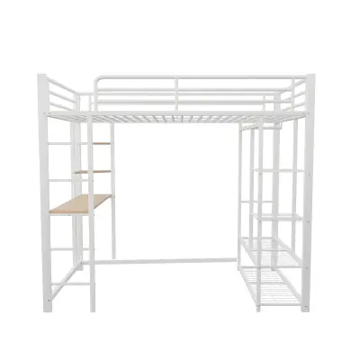 Postelja z mezzanine 90x200 cm iz kovine - S pisalno mizo in policami - Bela
