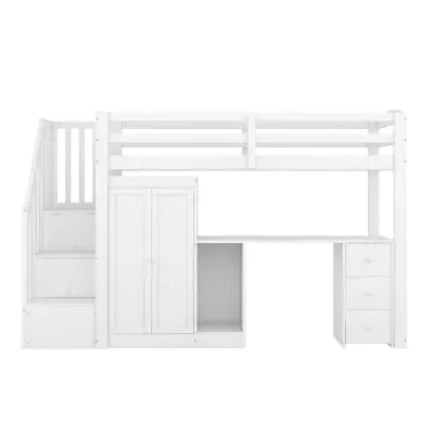 Postelja Mezzanine 90x200 cm iz lesa - z omaro, mizo in stopnicami za shranjevanje - bela