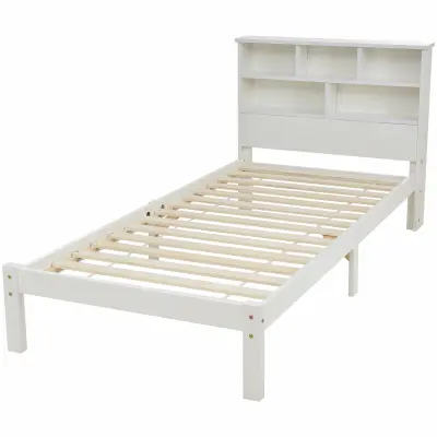 Odrasla postelja z naslonom za shranjevanje + predal + letveno dno - 90x200 cm - masivni les - bela
