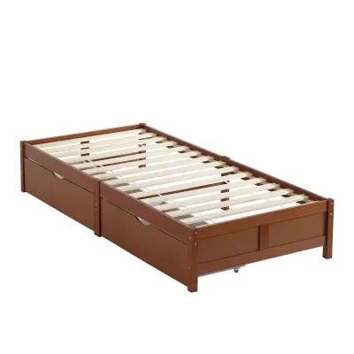 Postelja 90x200 cm iz lesa - 2 predala na kolesih - z letvenim dnom - rjava